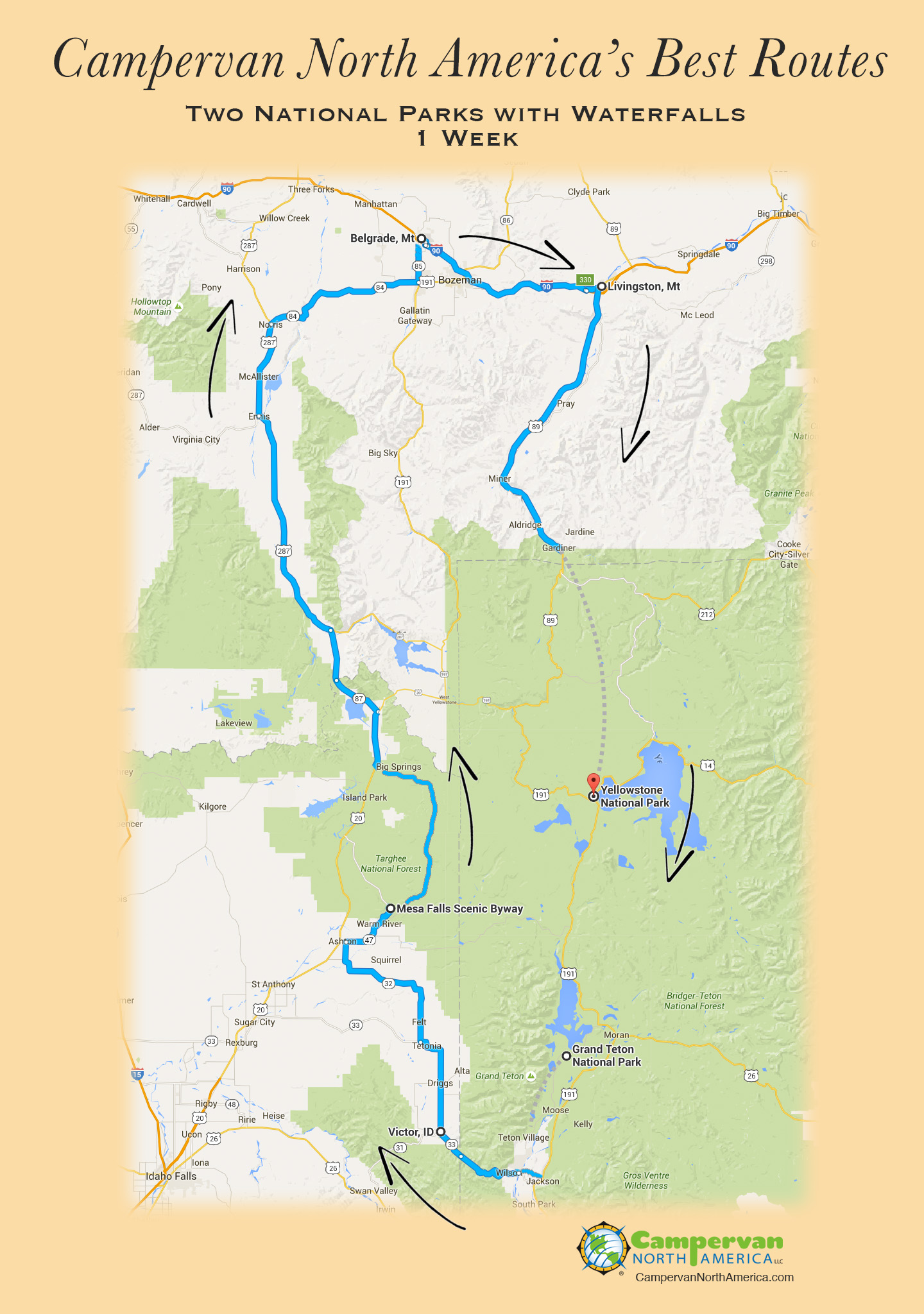 Suggested Campervan Tour: 2 National Parks with Waterfalls map.