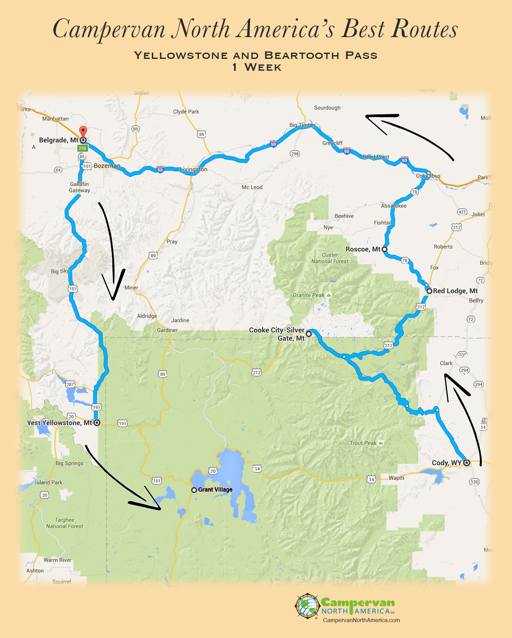 Campervan Tour: Yellowstone and Beartooth Pass map.