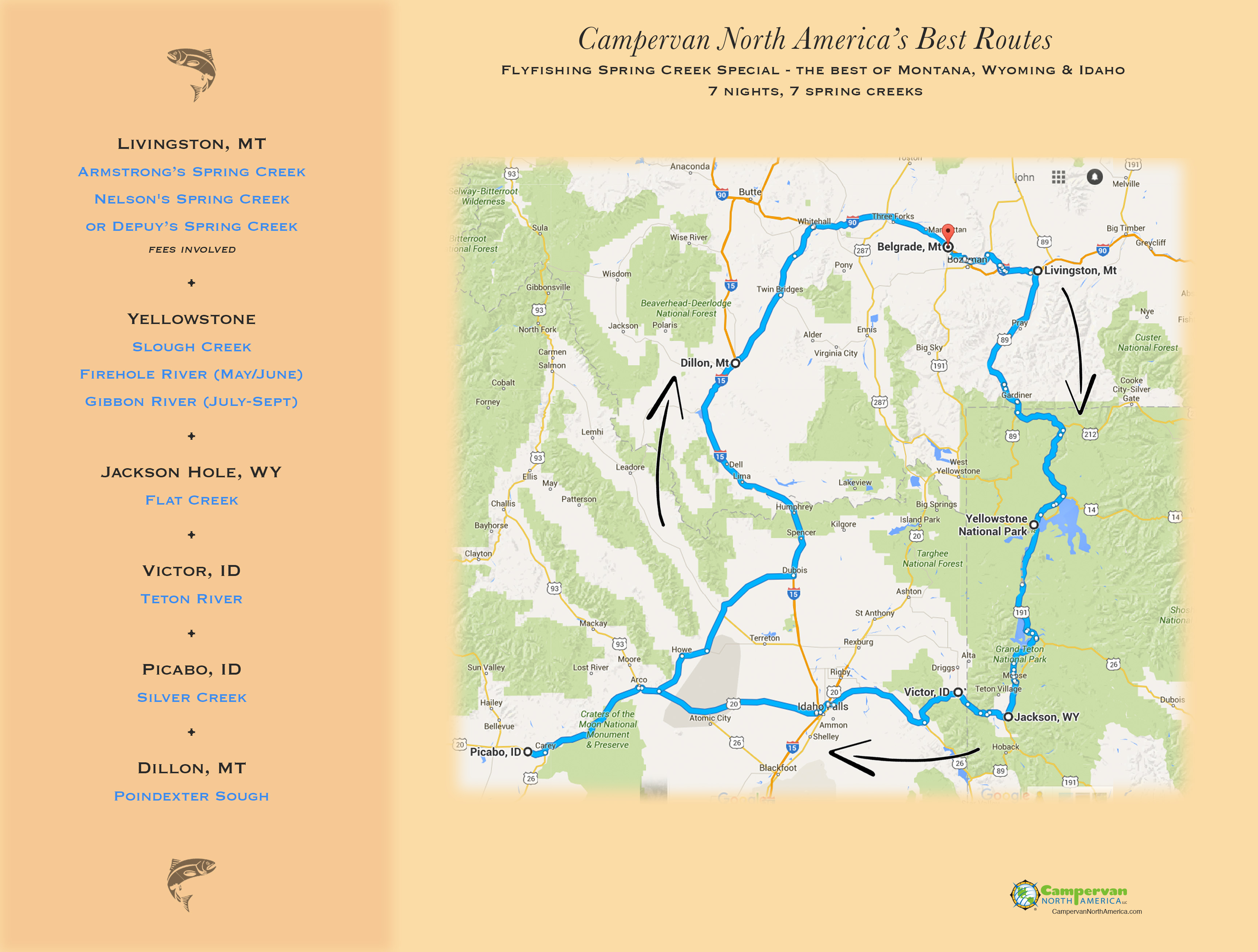 Suggested Campervan Tour: Spring creek fly fishing map.