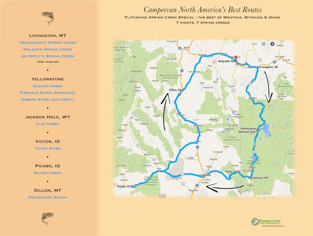 Route of Fly Fishing 7 Spring Creeks in 7 Days